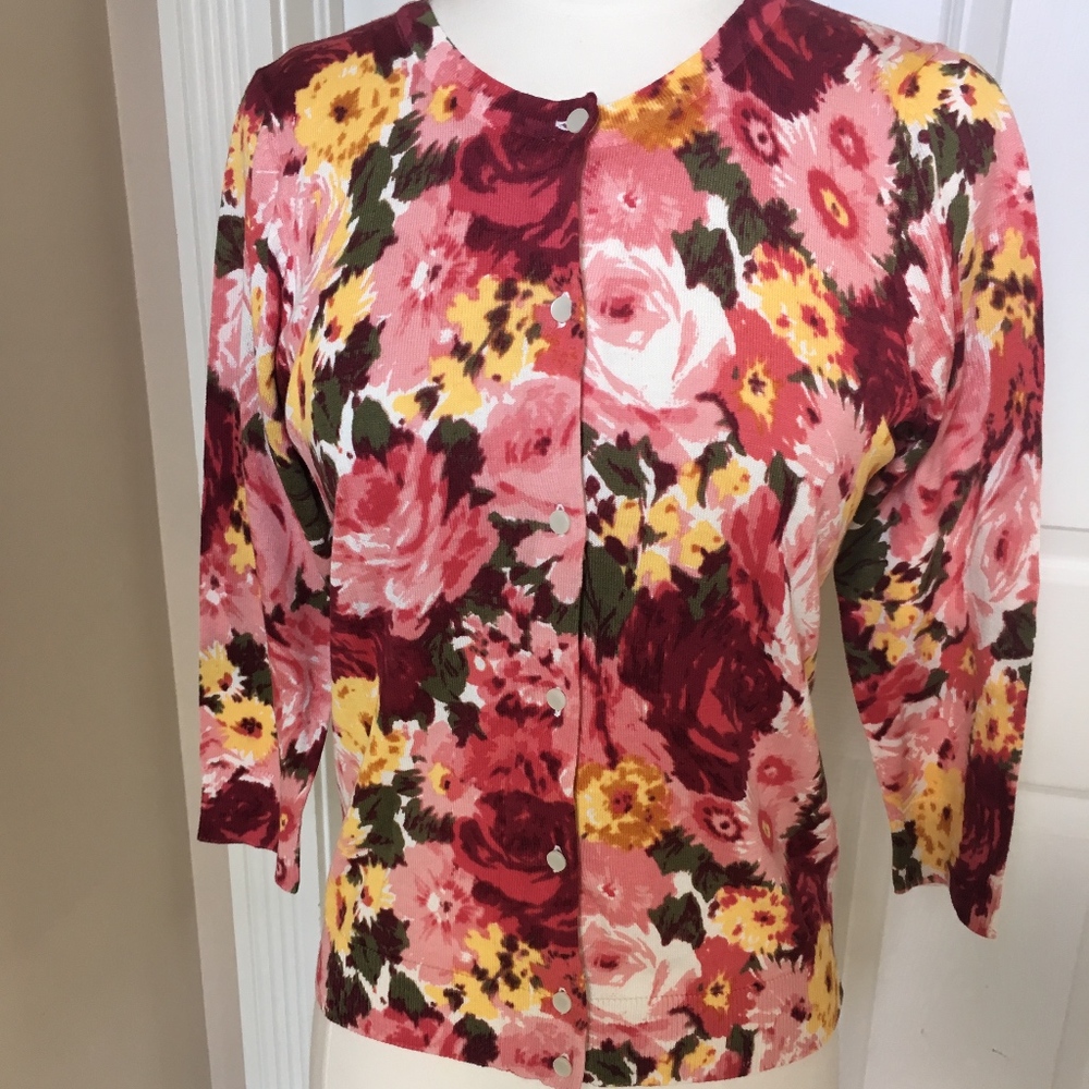 Talbots P floral pink cardigan cotton silk blend